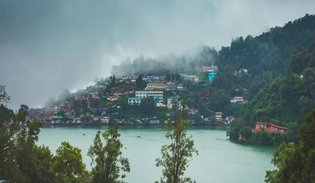 Misty view of Naini Lake during the monsoon in Nainital